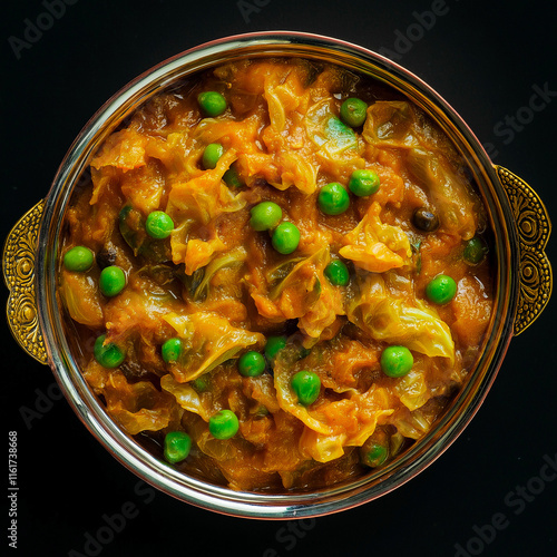Obraz na płótnie Indian dish Aloo Gobhi Matar - cabbage with peas in a copper bowl on black background view on top, generative AI w salonie