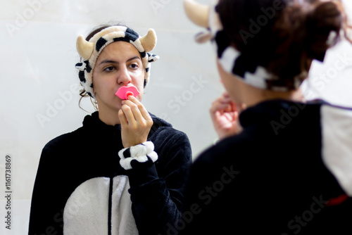 Cheerful pretty young woman removing makeup with Silicone Face Brush, looking at mirror, enjoying her facial products, bathroom interior photo