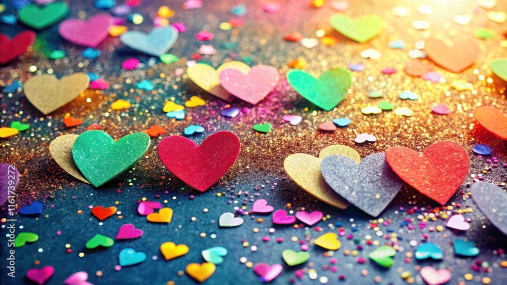 Fototapeta premium Colorful paper hearts scattered on a background with confetti overlay and glitter details, creating a festive atmosphere, paper hearts, decoration
