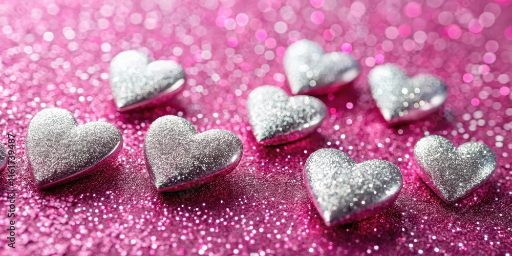 Obraz premium A cluster of silver glittered heart-shaped decorations scattered across a pink sparkle background, wedding decor, silver glitter