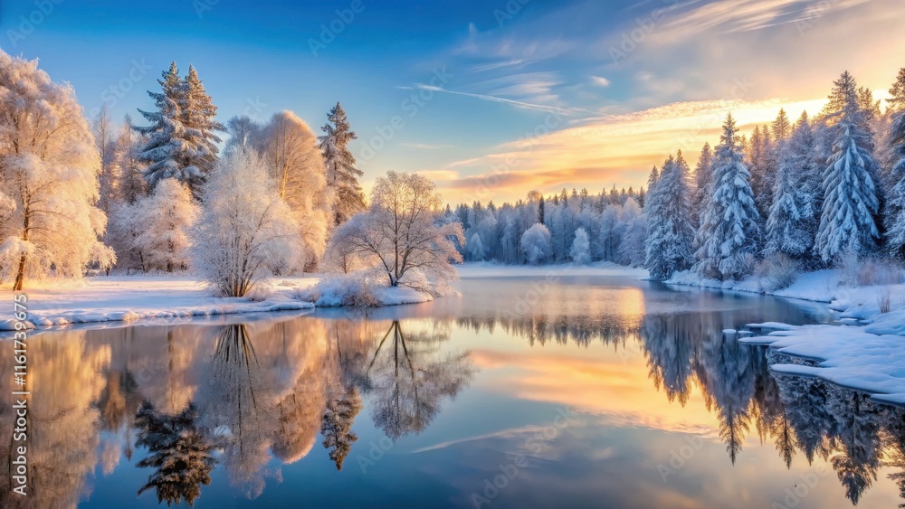 Frosty forest landscape at dawn with snow-covered trees and a frozen lake in the background, snowy landscape, natural beauty Frosty forest landscape at dawn with snow-covered trees and a frozen lake in the background, snowy landscape, natural beauty