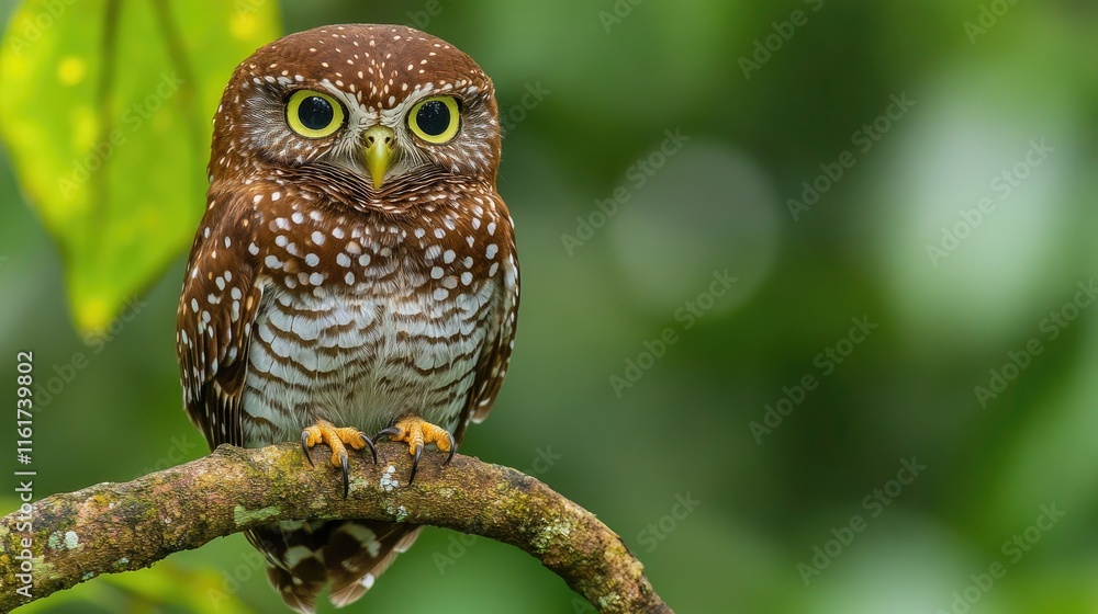 A close-up of a brown owl perched on a branch amidst a blurred green background. A close-up of a brown owl perched on a branch amidst a blurred green background.