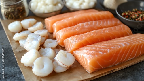 Fresh salmon and scallops prepared for a gourmet seafood dish. photo