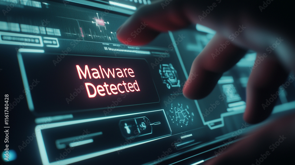 Fototapeta premium The scene shows a clean, modern screen with the large word Malware Detected warning on the screen with red color accent and capital letters and alert icons