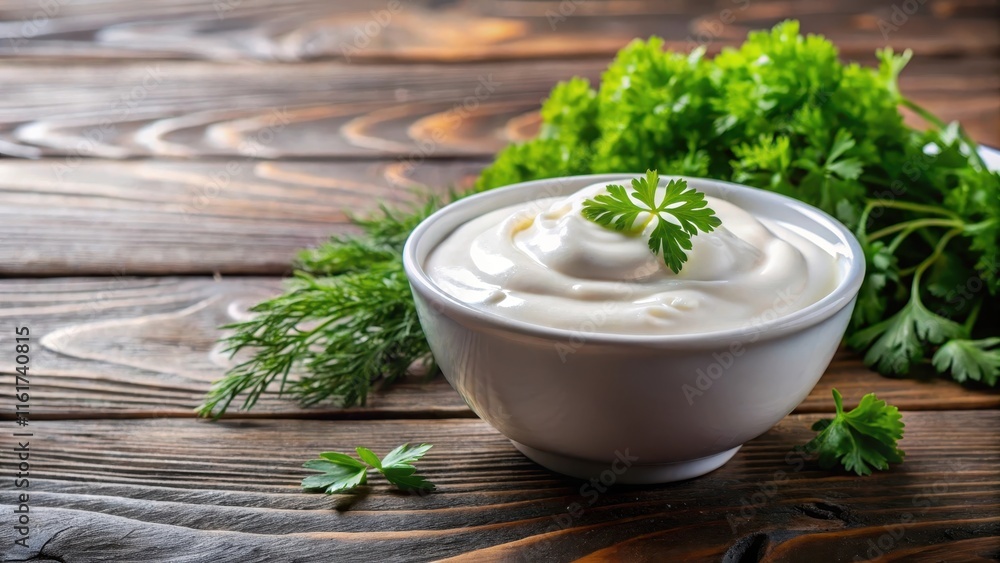 Creamy white bowl of sour cream sits on a wooden table, with a few fresh herbs like parsley or dill scattered around it, dip Creamy white bowl of sour cream sits on a wooden table, with a few fresh herbs like parsley or dill scattered around it, dip