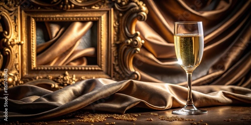 A glass of bubbly champagne resting on a luxurious velvet cloth, surrounded by ornate gold frames and sparkling crystals photo