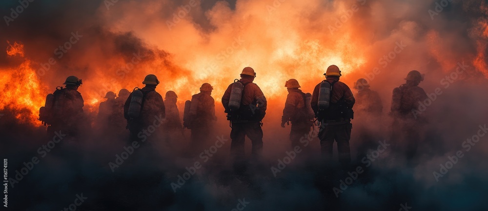 Fototapeta premium Group of Firefighters in Uniform Standing United Against a Large Fire with Smoke. Panoramic Composition Showcasing Teamwork and Heroism