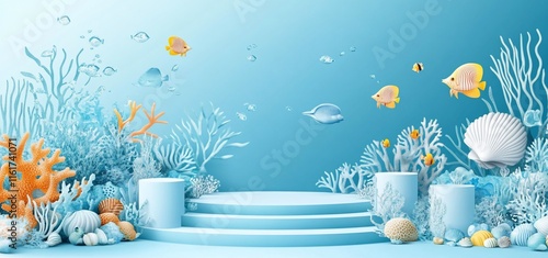 Serene underwater scene with pastel blue podium, coral, shells, and fish. photo