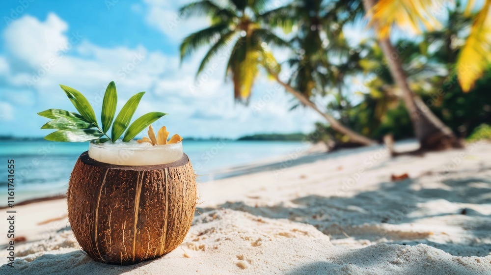 Obraz premium A coconut cup filled with a tropical cocktail, placed on a sandy beach with palm trees in the background.