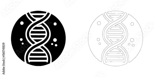 DNA double helix in circle icon, black and white versions 
