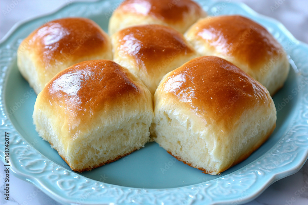 A top view of fluffy yeast rolls is served on a pastel blue plate. (Generative AI) A top view of fluffy yeast rolls is served on a pastel blue plate. (Generative AI)