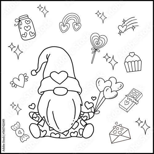 Printable coloring page for Valentine's day with cute character, candy and more. Coloring book activity. Happy Valentine. Outline illustration