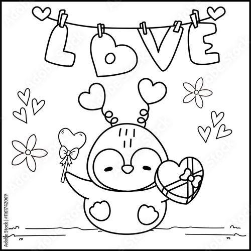 Printable coloring page for Valentine's day with cute penguin and candy. Coloring book activity. Happy Valentine. Outline illustration