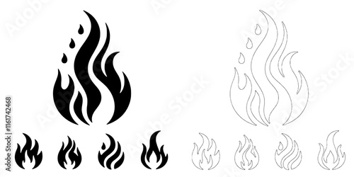 Fiery Flame Icons: A collection of stylized flame icons in black and white, perfect for branding, logos, and design projects.  Various sizes and styles included for versatility. 