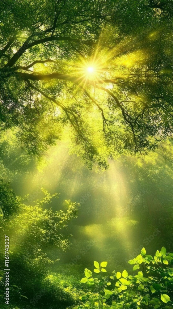 Fototapeta premium Sunbeams Illuminate Lush Green Forest Canopy
