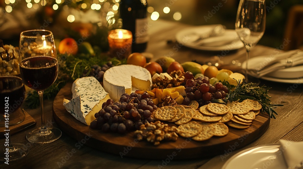 Romantic dinner table setting with cheese board, wine, fruit, and crackers under warm lighting. Romantic dinner table setting with cheese board, wine, fruit, and crackers under warm lighting.