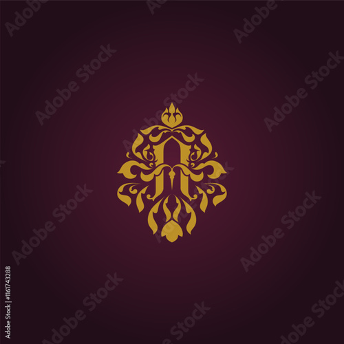 Gold inital logo with luxurious floral ornament 