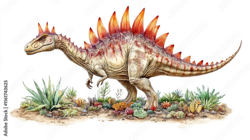 A colorful illustration of a dinosaur with spiked back and vibrant surroundings. A colorful illustration of a dinosaur with spiked back and vibrant surroundings.