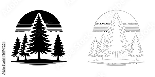 Forest Silhouette Logo Design:  A minimalist, modern logo concept featuring a group of pine trees outlined against a setting sun. The design is available in both black and white versions.
