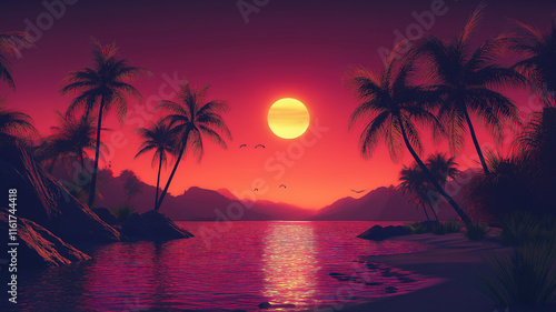 Palm trees on a tropical beach at sunset creating a serene and breathtaking coastal view