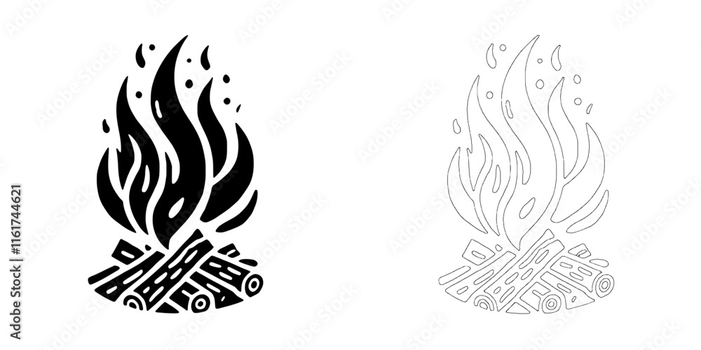 Obraz premium Campfire Night: Black and white minimalist campfire illustrations. Perfect for logos, branding, or design elements. 