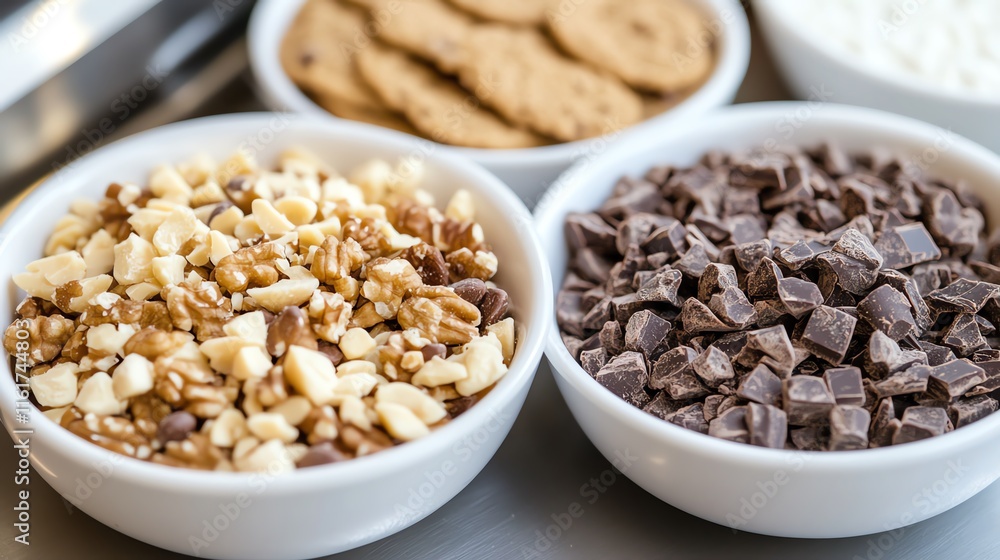 Variety of baking ingredients: nuts, chocolate, and cookies. Variety of baking ingredients: nuts, chocolate, and cookies.