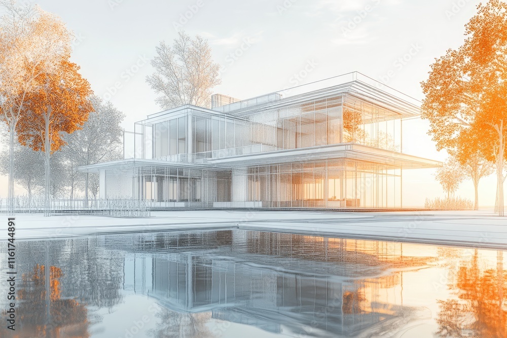 Modern House Architectural Blueprint with Transparent Water Reflection, Autumn Tree in Foreground, and Sunset Sky. White and Light Orange Palette Modern House Architectural Blueprint with Transparent Water Reflection, Autumn Tree in Foreground, and Sunset Sky. White and Light Orange Palette