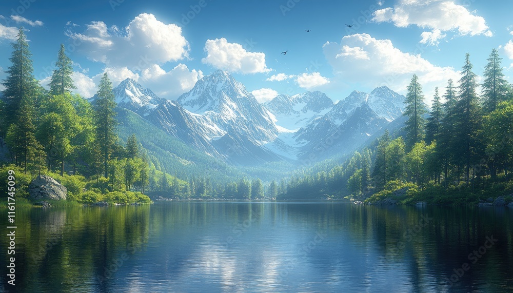 Naklejka premium Serene lake reflects snow-capped mountains, lush green forest flanks calm waters. Ideal for travel, nature, and tranquility themes; evokes peace and adventure.