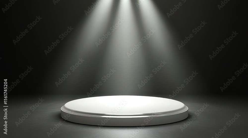 Illuminated White Circular Platform In Dark Room Illuminated White Circular Platform In Dark Room