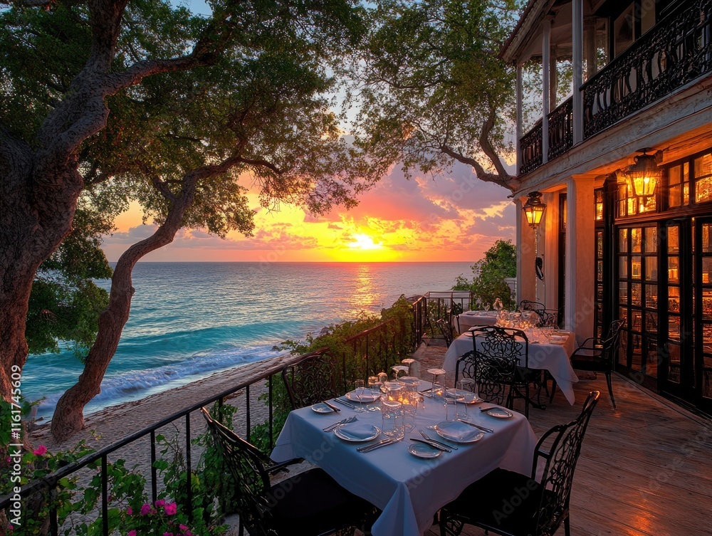 Fototapeta premium Oceanfront dining with sunset view; tables set for romantic dinner under trees. Perfect for travel, luxury, and restaurant websites.