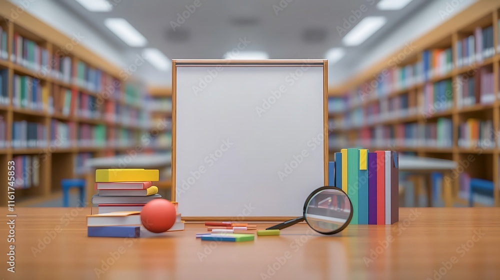 Blank frame surrounded by books and learning supplies in a library setting.