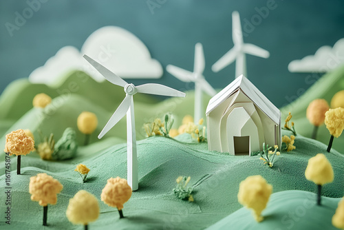 A whimsical landscape featuring a paper house surrounded by wind turbines, colorful trees, and rolling hills, highlighting themes of sustainability and eco-friendliness. photo