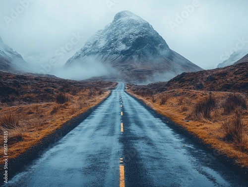 Wet road cuts through misty mountains, leading towards a snow-capped peak. Illustrates journey, adventure, and overcoming challenges. photo