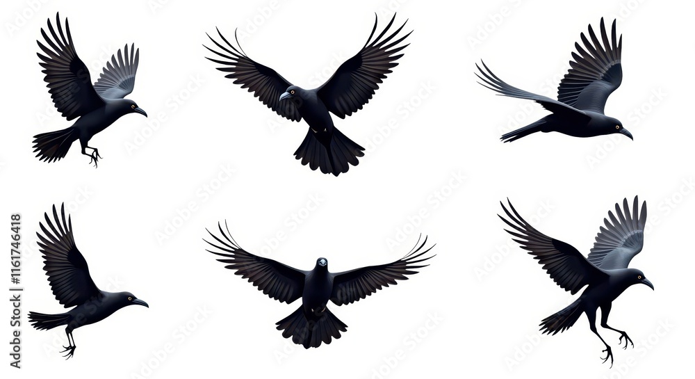 Dynamic Crow Illustration Set with Detailed Black Feathers and Varied Flying Poses Dynamic Crow Illustration Set with Detailed Black Feathers and Varied Flying Poses