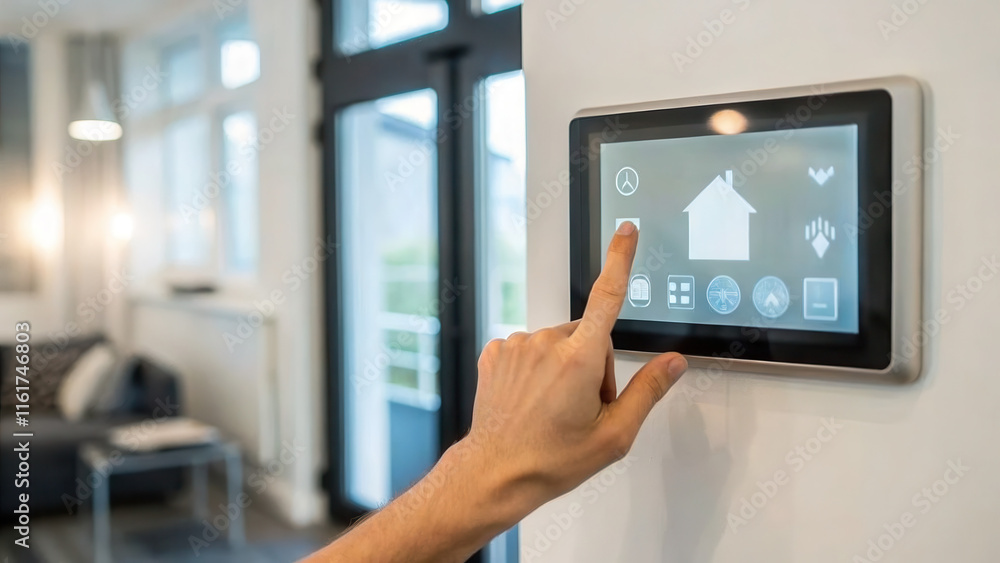 A person interacts with a modern touchscreen home automation panel, controlling smart home features in a stylish living space. A person interacts with a modern touchscreen home automation panel, controlling smart home features in a stylish living space.