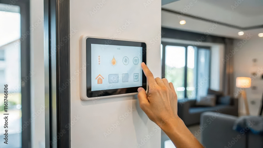 A hand adjusting a smart thermostat on a wall, controlling temperature in a modern living space with large windows and contemporary decor. A hand adjusting a smart thermostat on a wall, controlling temperature in a modern living space with large windows and contemporary decor.