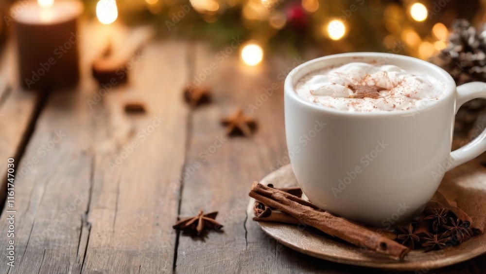 Cozy Festive Hot Chocolate with Whipped Cream and Spices on Wooden Table, Christmas Lights and Tree in Background Cozy Festive Hot Chocolate with Whipped Cream and Spices on Wooden Table, Christmas Lights and Tree in Background