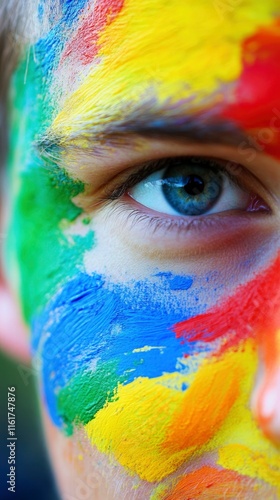 Colorful Paint Covers A Mans Face And Eye