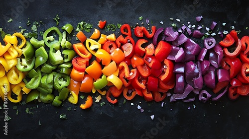 Vibrant sliced peppers in a rainbow arrangement on a dark surface.