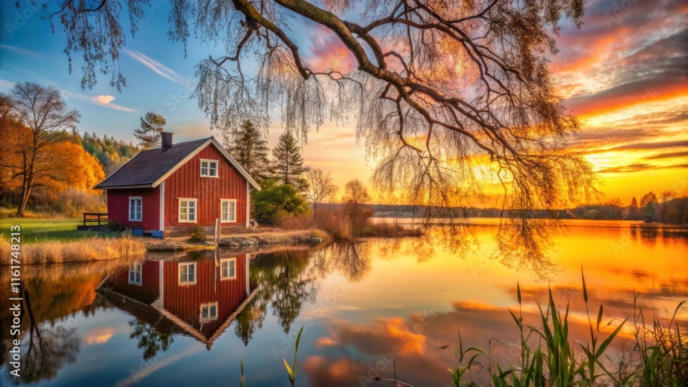 Fototapeta premium Cozy red house on lake with tree branches and sunset background , branch, peaceful, branch, peaceful