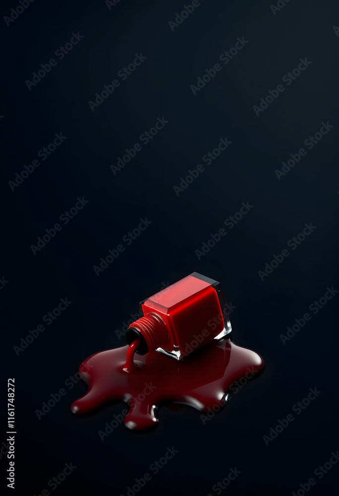 Naklejka premium Spilled Red Nail Polish Bottle on Dark Background - Beauty