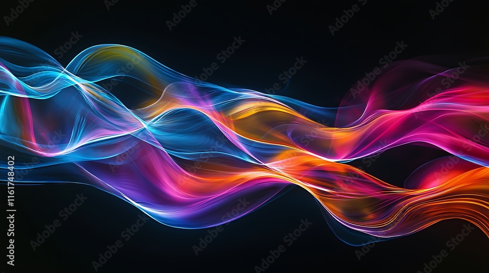 A colorful wave of light is displayed on a black background A colorful wave of light is displayed on a black background