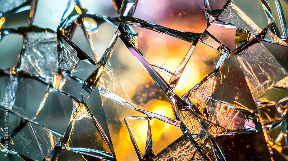 A broken glass with a yellowish light shining on it A broken glass with a yellowish light shining on it