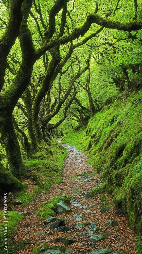 Mossy Trees Line A Stone Path Through Lush Green Woods Mossy Trees Line A Stone Path Through Lush Green Woods