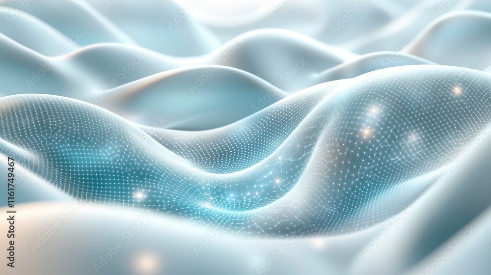 Abstract Digital Landscape with Flowing Waves and Glowing Dots in Soft Blue and White Tones Abstract Digital Landscape with Flowing Waves and Glowing Dots in Soft Blue and White Tones