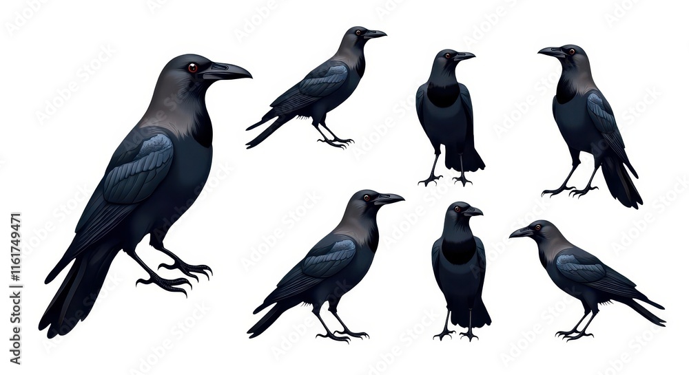 Naklejka premium Illustration Set of Crows in Various Poses for Wildlife and Nature-Themed Designs
