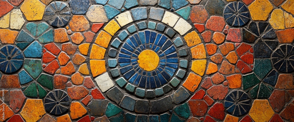 Fototapeta premium Colorful Mosaic Tile Floor with Circular Pattern