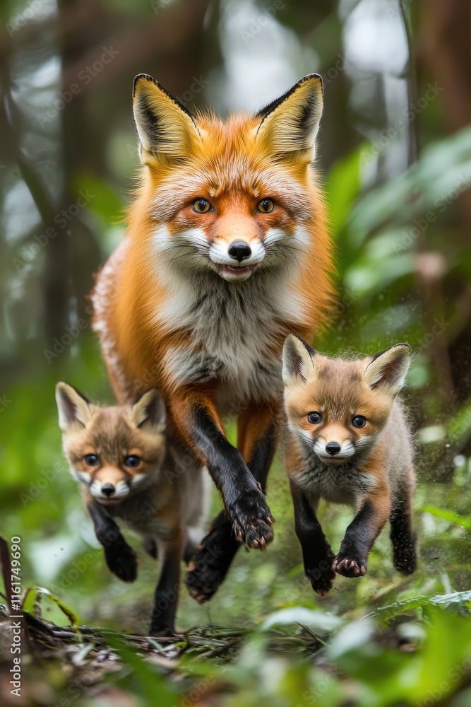 Fototapeta premium A red fox and two kits playfully running through a lush forest environment.