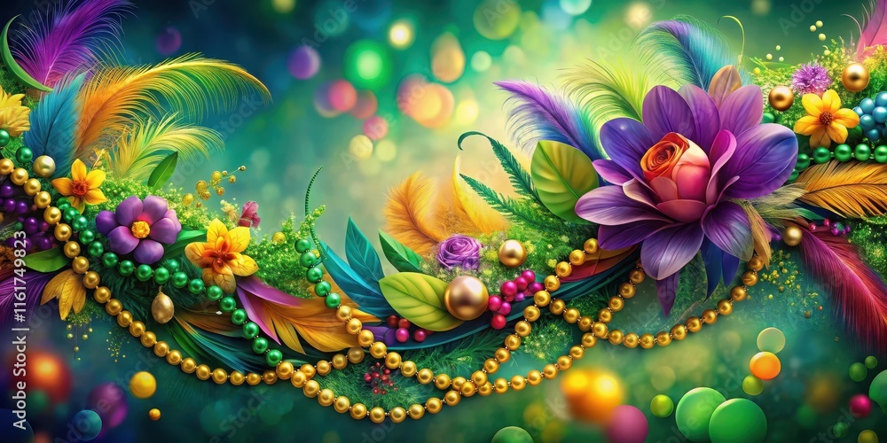 Colorful beads and feathers intertwined with lush greenery and vibrant flowers in a swirling motion Colorful beads and feathers intertwined with lush greenery and vibrant flowers in a swirling motion
