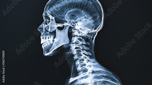 An X-ray image displaying a side profile of a human skull and vertebral column, highlighting skeletal anatomy and structure.